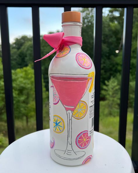 Hand painted bottle with drink recipe Vodka Bottle Painting Ideas, Vodka Bottle Painting, Painted Vodka Bottle, Diy Glass Bottle Crafts Painting, Alcohol Bottle Painting, Painted Alcohol Bottles, Painted Liquor Bottles, Smirnoff Bottle, Rum Bottle