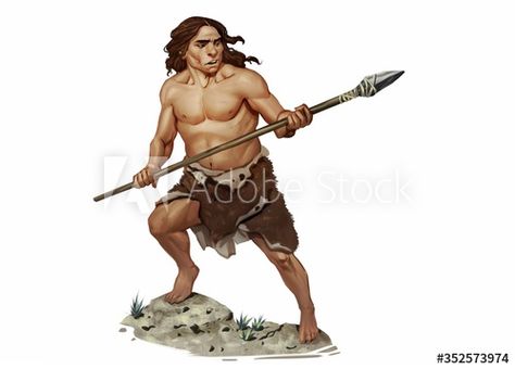 Full Color Realistic Illustration of Neanderthal Holding Stone Age Spear #AD , #Realistic, #Illustration, #Full, #Color, #Neanderthal Neanderthal Illustration, Neanderthal Art, Age Reference, Realistic Illustration, Color Illustration, Human Reference, Stone Age, Dynamic Poses, Fun Design