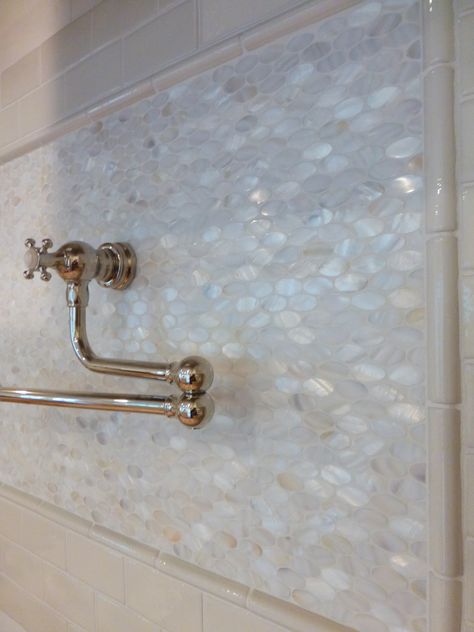 Mother Of Pearl Shower Tile, Mother Of Pearl Bathroom, Main Kitchen, Pearl Tile, Zellige Tile, Bathroom Tub, Wet Bar, Tile Design, Bathroom Shower