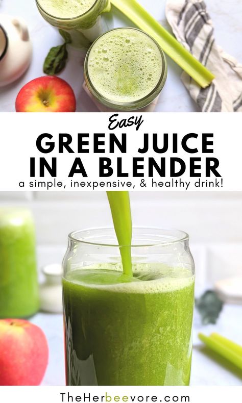 This Green Juice in a Blender recipe is simple homemade juice that is delicious, fresh, & anti-inflammatory!  Made with apple, spinach, orange, cucumber, parsley, and celery, this juice is blended to perfection. Great for a on-the-go breakfast or a post-workout drink. Green Juice Blender, Juice In A Blender, Easy Green Juice Recipe, Apple Juice Recipe, Celery Smoothie, Best Juicing Recipes, Orange Juice Smoothie, Green Drink Recipes, Blender Recipe