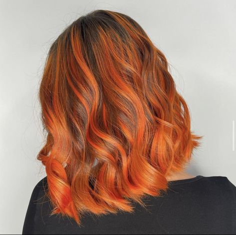 Neon orange copper balayage Red To Orange Balayage Hair, Bright Orange Balayage, Neon Orange Balayage, Brunette Orange Balayage, Orange Brown Balayage, Copper Orange Balayage, Red Hair Orange Tips, Balayage Orange Hair, Tangerine Hair Color