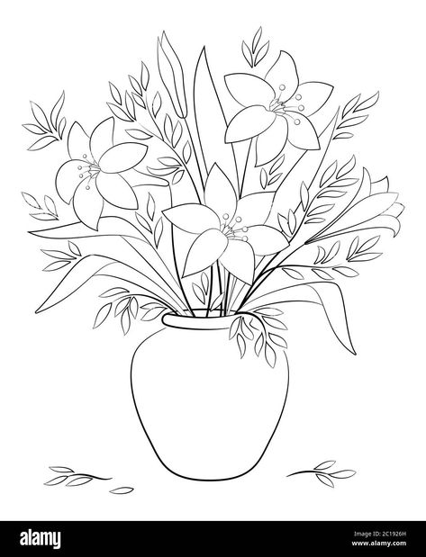 Flower Vase Drawing, Flower Bouquet Drawing, Flower Vase Design, Lilies Drawing, Lilies Flowers, Line Art Flowers, Boho Art Drawings, Flowers In A Vase, Flower Art Drawing