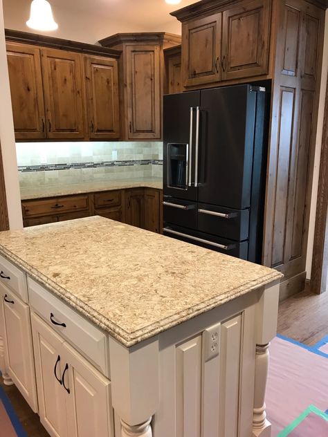 (115) Knotty Alder w Golden Oak stain and Black Glaze | Kitchen Cabinets Photo Gallery Oak Cabinets Black Island, Redo Cabinets Kitchen, Knotty Alder Stained Cabinets, Alder Stained Cabinets, Glaze Kitchen Cabinets, Knotty Alder Stain, Alder Kitchen Cabinets, Alder Kitchen, Golden Oak Stain