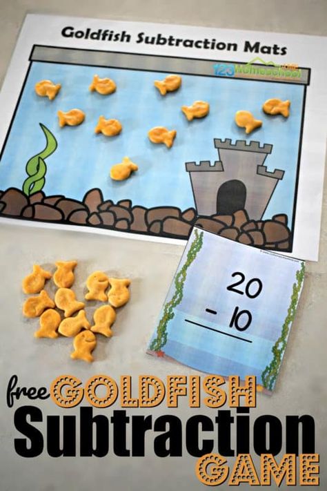 FREE Goldfish Subtraction Game - this is such a fun, hands on math activity for kindergarten and first grade students to practice subtraction within 20 using goldfish crackers #subtraction #mathgames #kindergarten Subtraction Games Kindergarten, Subtraction Activity, Subtraction Kindergarten, Math Night, Subtraction Games, Math Subtraction, Subtraction Activities, Summer Math, Teaching Numbers