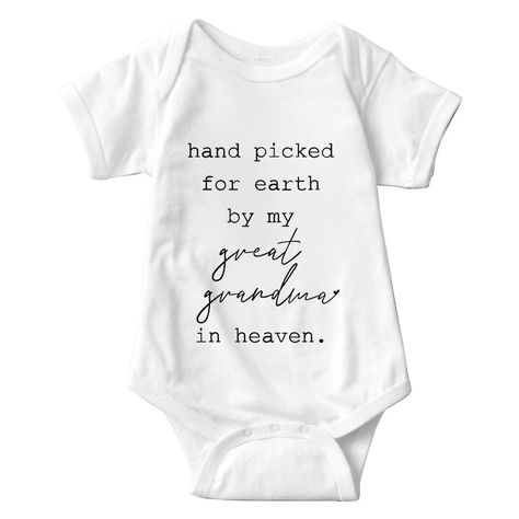 PRICES MAY VARY. hand picked for earth by my great grandma and great grandpa in heaven baby bodysuits are made of cotton knitted fabric to keep your baby comfortable. The reinforced three-button closure makes changing diapers a breeze. Unisex Funny hand picked for earth by my grandma and grandpa in heaven Baby Rompers: High quality cotton and cute design babies clothes,printed with funny cute For Earth Great Grandma Baby bodysuit Make this newborn romper the perfect gift for expectant mothers, m Hand Picked By Grandma In Heaven, Hand Picked For Earth By My Grandma, Grandma Onesie, Baby Grandma, Cute Baby Announcements, Custom Baby Onesies, Funny Baby Clothes, Newborn Romper, Cute Baby Photos