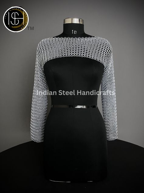 Chainmail Silver Long Sleeves Shrug, Handmade Loose Cropped Pullover Top, Elegant And Most Beautiful Wedding Costume, Halloween Cosplay Gift. Please Note : This Listing is for One Collared Neck/Chainmail Collar and skirt, Other Products Shown in Pictures are not part of this sale * Chainmail Sleeve. * 16 Guage steel. * Chainmail Ring dia 10MM * Colour: Silver Zink. * Materials : Solid Steel. Size requirement: Shoulder to shoulder, Sleeves length, This unique piece seduces you with captivating de Chain Mail Ren Faire, Chainmail Sleeves, Chainmail Collar, Chainmail Skirt, Chainmail Clothing, Chainmail Ring, Chainmail Top, Long Sleeve Shrug, Scale Mail