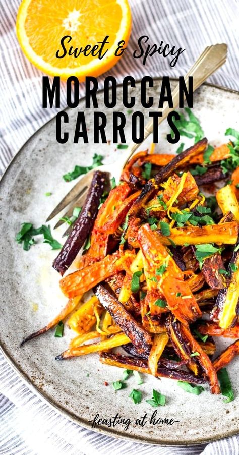 Sweet and Spicy Roasted Moroccan Carrots- with cumin, cinnamon and orange. A Delicious vegan side dish or serve over seasoned lentils for a hearty vegetarian meal. | www.feastingathome.com #carrots #roastedcarrots #moroccancarrots #vegan #vegansalad #cleaneating Moroccan Spiced Carrots, Middle Eastern Roasted Carrots, Roasted Purple Carrots, Middle Eastern Carrots, Mediterranean Carrots, Indian Carrots, Carrot Salsa, Seasoned Lentils, Cumin Carrots