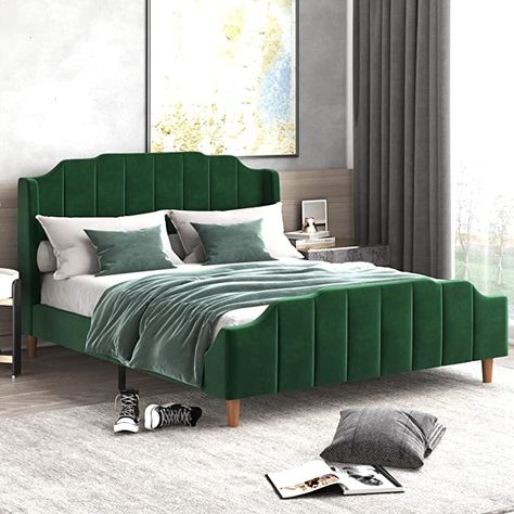 Amazon.com: Allewie Queen Size Velvet Bed Frame with Modern Curved Upholstered Headboard and Footboard, Upholstered Platform Bed with Strong Wood Slats Support, No Box Spring Needed, Easy Assembly, Green: Furniture & Decor Velvet Bed Frame, Green Velvet Fabric, Blue Velvet Fabric, Curved Headboard, Cushion Headboard, Green Bedding, Velvet Bed, Metal Platform Bed, Upholstered Bed Frame