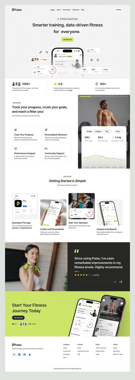 Pulse - Fitness App Landing Page designed by Dhira Danuarta ✳ for Caraka. Connect with them on Dribbble; the global community for designers and creative professionals. Landing Pages Ui, Landing Page App Design, Reviews Web Design, Fitness Landing Page, Agency Website Inspiration, Fitness Tracking App, Insurance Website, Travel Website Design, Best Landing Page Design