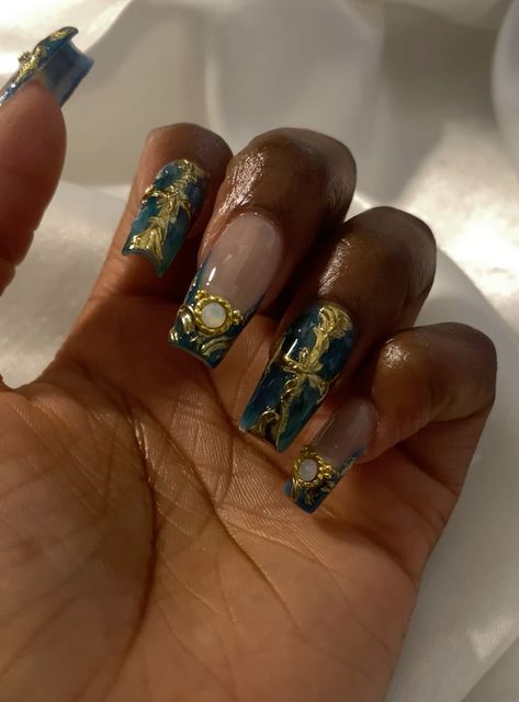 Blue Gold Nails, Pink Tip Nails, Biab Nails, Gold Acrylic Nails, Chrome Nails Designs, Hard Nails, Vintage Nails, February Nails, Diy Acrylic Nails