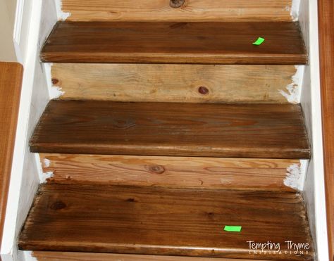 How to stain stair steps Interior Wood Stain Colors, Stain Stairs, Staining Stairs, Removing Carpet From Stairs, Stair Redo, Pine Stair Treads, Painted Stair Risers, Stairs Repair, Paint Stairs