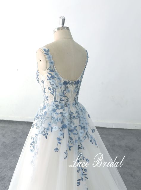 Customized Wedding Dress Blue Lace Wedding Dress Romantic Light Wedding Dress With Straps - Etsy Wedding Dress Blue Detail, White Wedding Dress With Light Blue Accents, White With Blue Wedding Dress, Wedding Dresses Not White Colour, Forget Me Not Wedding Dress, Wedding Dress Blue And White, Blue Accent Wedding Dress, Blue And White Floral Wedding Dress, Blue Flower Wedding Dress