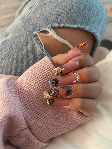 Set for ✨@zanahmusic ✨ in the colour palette of Yeezy 700’s 🥵 #murakaminails #takashimurakami #flower #kaws #aesthetic #aestheticnails #nails #nailart #nailinspo #longnails #yeezy #yeezy700 Kaws Nails, Bright Acrylic Nails, Dior Nails, Cute Pink Nails, Minimal Nails Art, Mens Nails, Retro Nails, Hippie Nails, Long Acrylic Nail Designs