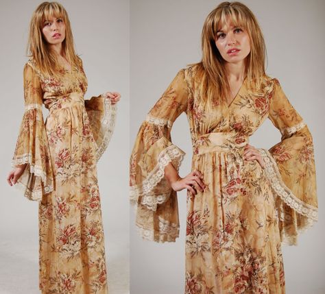 1970s Maxi Dress Floral Lace ANGEL BELL SLEEVE by LotusvintageNY 70s Long Sleeve Dress, 1970s Wedding Guest Dress, Bell Sleeve Dress Long, 70s Flowy Dress, Bell Sleeve Dresses, Bell Sleeve Maxi Dress, 70s Floral Dress, Angel Sleeve Dress, 1970s Maxi Dress