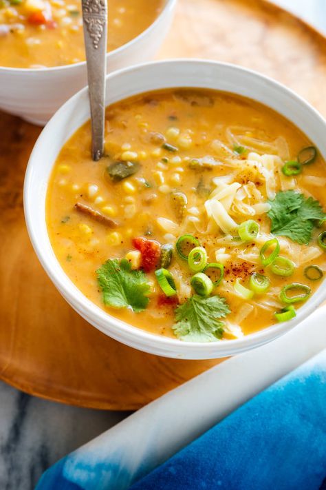 Make this vegetarian, Southwestern-flavored corn chowder for a cozy dinner at home! This recipe is fresh, wholesome and delicious. #cornchowder #corn #chowder #vegetarian #fallrecipe #cookieandkate Vegetarian Corn Chowder Recipe, Cookie And Kate Recipes, Vegetarian Corn Chowder, Southwestern Corn, Corn Chowder Recipe, Chowder Recipe, Cozy Dinner, Soup Chili, Dinner At Home