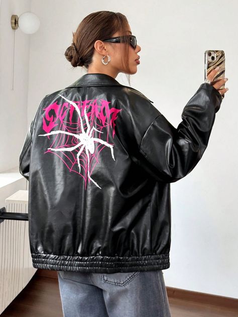 Women's Casual Letter & Spider Print Drop Shoulder Long Sleeve PU Leather Jacket, Spring Autumn Black Casual  Long Sleeve Woven Fabric Animal,Colorblock,Letter Other Non-Stretch  Women Clothing, size features are:Bust: ,Length: ,Sleeve Length: Spider Jacket, Pu Leather Jacket, Fabric Animals, Denim Jacket Women, Mens Birthday Gifts, Inspiration Mode, Kids Sleepwear, Glasses Fashion, Black Casual