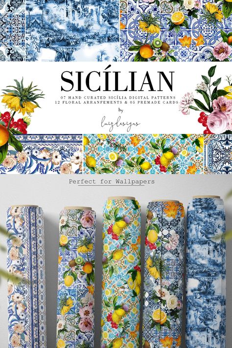 Sicílian Print Set, Graphics Lemon Themed Bridal Shower, Italian Pattern, Lemon Decor, Blue Pottery, Watercolor Images, Card Patterns, Bridal Shower Theme, Blue Decor, Amalfi