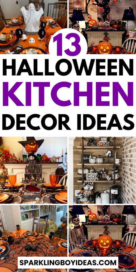 Halloween Decor For Kitchen, Orange Kitchen Decor, Halloween Table Settings, Spooky Kitchen, Halloween Kitchen Decor, Halloween Decor Ideas, Festive Table Setting, Creepy Decor, Decor For Kitchen