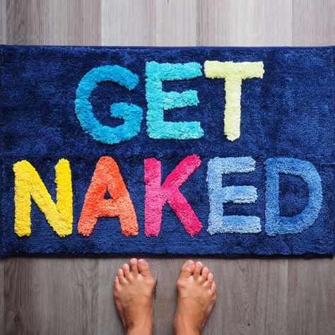 This super fun Get Naked bath mat will totally brighten up your bathroom and give all your guests a giggle! Colorful Bathroom Rugs, Colorful Bath Mat, Fun Bath Mats, Blue Bathroom Rugs, Fun Bathroom Decor, Shower Funny, Navy Blue Bathrooms