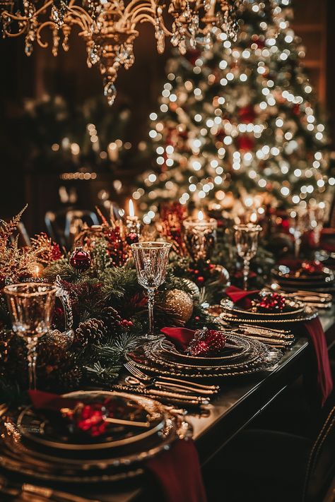 Luxurious Christmas dining table set in maximalist style. Set a stunning table for the holidays! This maximalist Christmas dining decor is overflowing with rich textures, sparkling details, and a warm, inviting atmosphere. Perfect for those who love opulent, festive decor. #HolidayTableSetting #ChristmasDining #MaximalistDecor #FestiveTable #ChristmasInspo Christmas Table Setting Aesthetic, Maximalist Christmas Tablescape, Maximalist Christmas Table, Christmas Gala Aesthetic, Christmas Decor Maximalist, Eloise At Christmastime Aesthetic, Rich Christmas Aesthetic, Maximalist Christmas Decor, Luxury Christmas Aesthetic