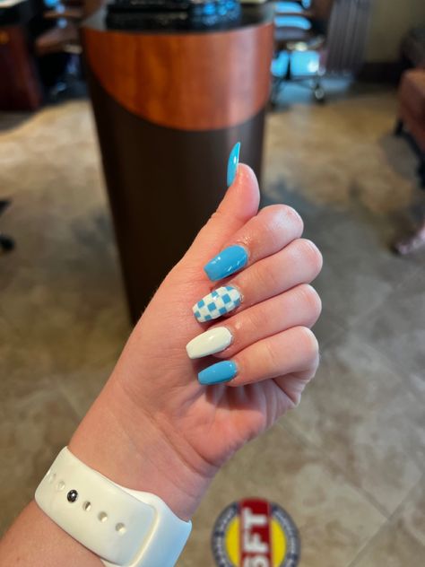 #nails #nailart #acrylic #checkered #checkerednails #naildesign #blue Light Blue Checkered Nails, Blue And White Checkered Nails, Checkered Nails Blue, Square Checkered Nails, Checker Nail Designs, Checkered Flag Nails, Blue Checkered Nails, Checker Nails, Square Nails Design