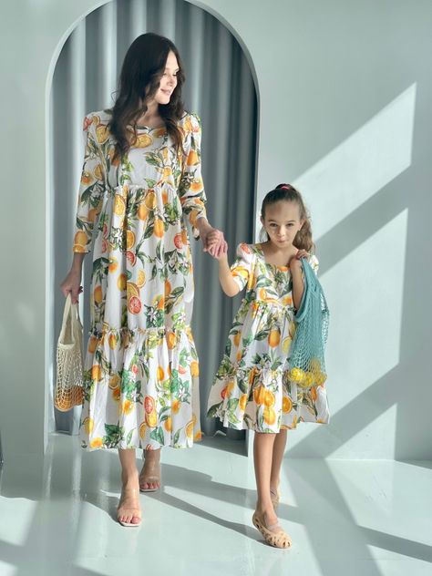 Mom and Mini Matching Citrus Drop Dress Mom And Daughter Dresses Western, Mother Daughter Twinning Dresses, Long Dress Western, Latest Dress Designs, Mommy Daughter Dresses, Mom Daughter Matching Dresses, Duo Dress, Cotton Frock, Outfit Modest