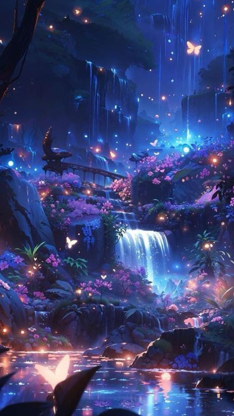 Mountain Fairy Aesthetic, Gothic Summer Wallpaper, Waterfall At Night, Magical Waterfall, Star Garden, Fantasy Scenery, Seni Korea, الفن الرقمي, Dreamy Artwork