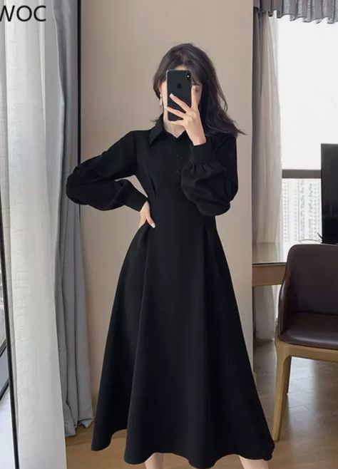 Simple Black Dress Hijab, Simple Casual Dress For Women, Beauty Bone Dpz, Black Suits For Women Classy, Modest All Black Outfit, Black Frocks, Korean Black Dress, Black Dress Long Sleeve, Elegant Fashion Outfits