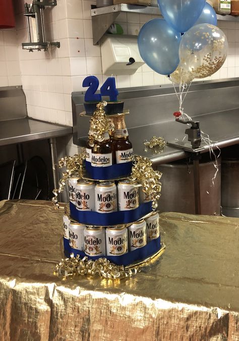 Modelo Birthday Party, Modelo Themed Birthday Party, Modelo Birthday Party Ideas, Modelo Cake, Beer Bday Cake, Beer Tower Cake For Men, Modelo Beer Cake Ideas, Birthday Cake Beer Theme, Beer Cake Tower For Men