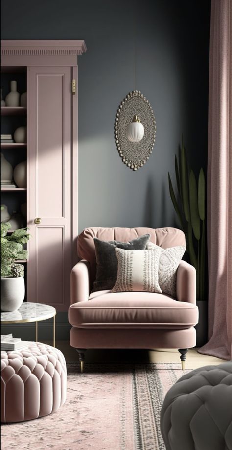 Dark Grey And Pink Living Room, Gray Boho Living Room, Pink Sitting Room, Pink And Grey Living Room, Mauve Living Room, Blush Living Room, Blush Pink Living Room, Living Room Colour, Romantic Living Room