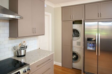 Elissa, another example of washer/dryer, next to fridge with the cabinet configuration I like. Hidden Laundry Rooms, Laundry In Kitchen, Contemporary Laundry, Laundry Room Stackable, Contemporary Laundry Room, Galley Kitchen Layout, Stacked Laundry Room, Laundry Room Storage Shelves, Hidden Laundry