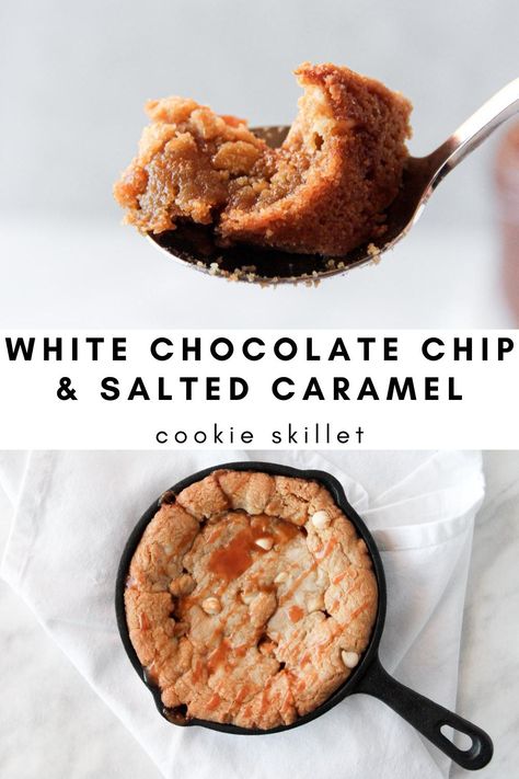 Bjs Salted Caramel Pizookie Recipe, Salted Caramel White Chocolate Cookies, Mini Skillet Desserts, Salted Caramel Cookie Skillet, Pizookie Recipe, Salted Caramel Cookie, Deep Dish Cookie, Skillet Cookies, Skillet Desserts