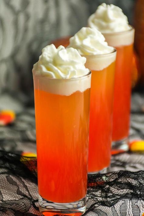 Candy Corn Vodka Shots, Candy Apple Shots, Candy Corn Shots Recipe, Candy Corn Shots Alcohol, Halloween Shots Recipes Easy, Halloween Shot Recipes Alcoholic, Autumn Shots Alcohol, Orange Shots Alcohol, Fall Themed Shots