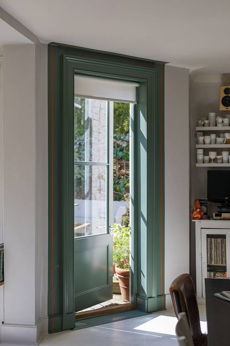 How to add impact with unexpected colour green smoke and charlottes locks Most Popular Paint Colors, Beautiful Entryways, Green Windows, Popular Paint Colors, Painting Trim, Green Interiors, Door Trims, Painted Doors, Interior Trim