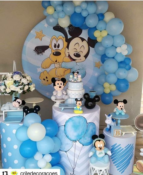 Baby Mickey Mouse Cake, Mickey Mouse Birthday Theme, Mickey Baby Showers, Angel Baby Shower, Gender Reveal Baby Shower Themes, Mickey First Birthday, Mickey Mouse Themed Birthday Party, Mickey Mouse Baby Shower, Mickey Mouse Decorations