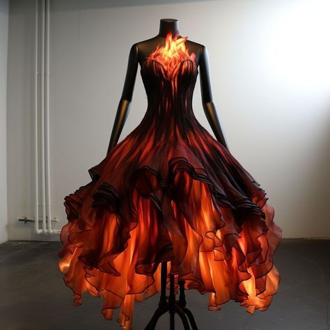 Flame Costume Women, Fire Themed Dress, Fire Inspired Fashion, Lava Outfit, Fire Inspired Dress, Fire Inspired Outfits, Flame Dress, Phoenix Dress, Fire Costume