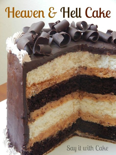 Heaven And Hell Cake Recipe, Heaven And Hell Cake, Heaven And Hell Sheet Cake, Cake Peanut Butter, Super Torte, Devil's Food Cake, Peanut Butter Mousse, Devils Food Cake, Recipe Dessert