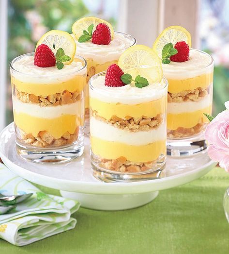 Creamy Lemon Parfaits Lemon Parfait Cups, Lemon Curd Parfait, Lemon Cake Cups, Lemon Parfait Desserts, Parfait Cake, Dessert Sampler, Rainbow Picnic, Lemon Parfait, Shot Glass Desserts