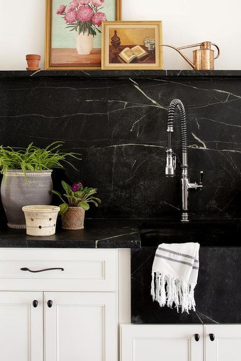 Black Marble Laundry Room, White Cabinets Black Marble Countertops, Marble Mudroom, Darker Countertops, Black Marble Backsplash, White Mudroom, Cottage Laundry, Cottage Laundry Room, Black Marble Countertops