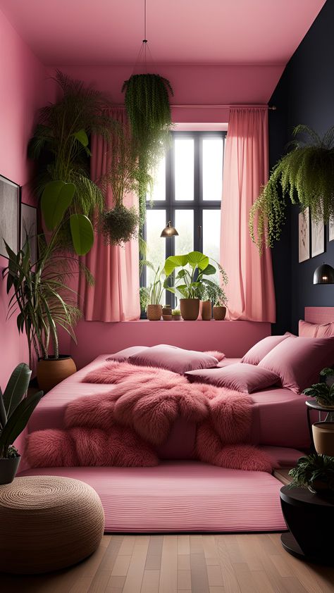 Pink Wall Interior Design, Pink And Green Velvet Bedroom, Pink Monochromatic Bedroom, Pink And Teal Bedroom Decor, Pink Green Aesthetic Bedroom, Monochromatic Pink Bedroom, Pink And Green Maximalist Bedroom, Bubblegum Pink Bedroom, Hot Pink And Green Bedroom