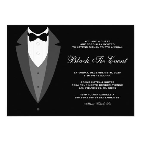 Black Tie Event Invitation With Tuxedo | Zazzle.com Tuxedo Invitation, Black Tie Invitation, Black Tie Optional Wedding, Black And White Birthday, Gala Invitation, 50th Birthday Party Invitations, Retirement Invitations, Retirement Party Invitations, Black Tie Party