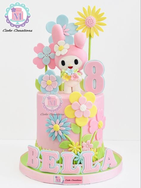 My Melody Cakes Birthday, Kuromi Fondant Cake, My Melody Cake Ideas, Melody Birthday Theme, My Melody Cakes, Melody Cake Design, Mymelody Cake, Sanrio Cake Ideas, My Melody Birthday Theme