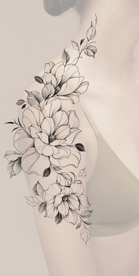 Women Arm Flower Tattoo, Flowers Sleeve Tattoo Design, Floral Tattoo Add On, Modern Floral Tattoo, Front Arm Tattoos For Women, Flora And Fauna Tattoo Sleeve, Floral Shoulder Tattoo Design, Illustrative Floral Tattoo, Floral Leaves Tattoo