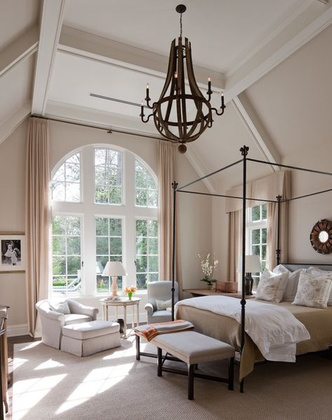 William T. Baker Luxury Bedroom Painted Beams, Window Lights, French Style Homes, Bedroom Window, Bedroom Windows, Romantic Homes, Arched Windows, Dining Room Walls, Modern Bed