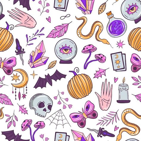 Witchy Pattern Design, Cute Witchy Art, Witchy Clipart, Witchy Illustration, Coloring Reference, Witchy Pattern, Cute Halloween Tattoos, Magic Pattern, Witch Pattern