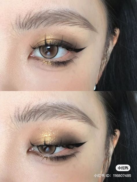 Gold Black Makeup Looks, Black And Golden Makeup, Makeup Ideas Black And Gold, Gold Black Eye Makeup, Eye Makeup Black And Gold, Black And Gold Douyin Makeup, Gold Douyin Makeup, Golden Black Eye Makeup, Black And Gold Eye Makeup