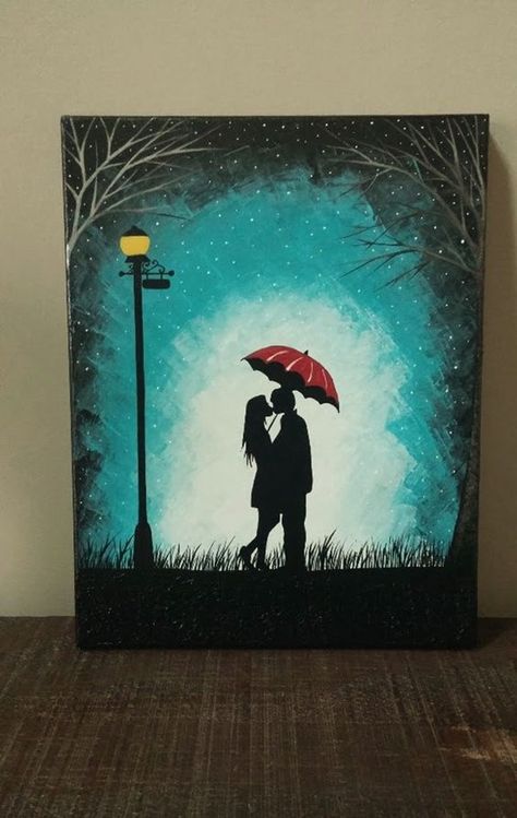 Painting Couple, Umbrella Painting, Kiss Art, Christmas Paintings On Canvas, Couple Silhouette, Couple Kissing, Silhouette Painting, Simple Wall Art, Art Couple