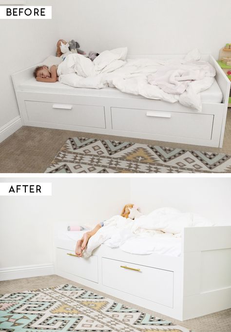 Ikea Bedrooms, Girly Bedrooms, Ikea Daybed, Brimnes Bed, Ikea Brimnes, Daybed Bedroom, Ikea Bed Hack, Kid Bed, Diy Daybed