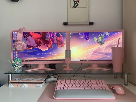 Pc Battlestation, Pink Pc, Lan Party, Pink Games, Computer Set, Summer Acrylic, Gamer Room Decor, Otaku Room, Pc Gaming Setup