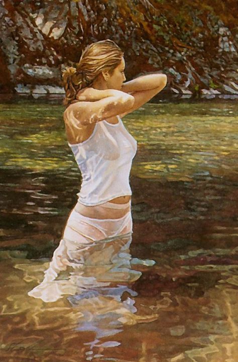 Steve Hanks (American, 1949–2015), watercolor {figurative art blonde female wading in water standing woman cropped painting #arthistory} stevehanksartwork.com Steve Hanks, Painting Of A Woman, Watercolor Artists, Foto Art, Watercolor Artist, In Water, Figure Painting, American Artists, Artist At Work